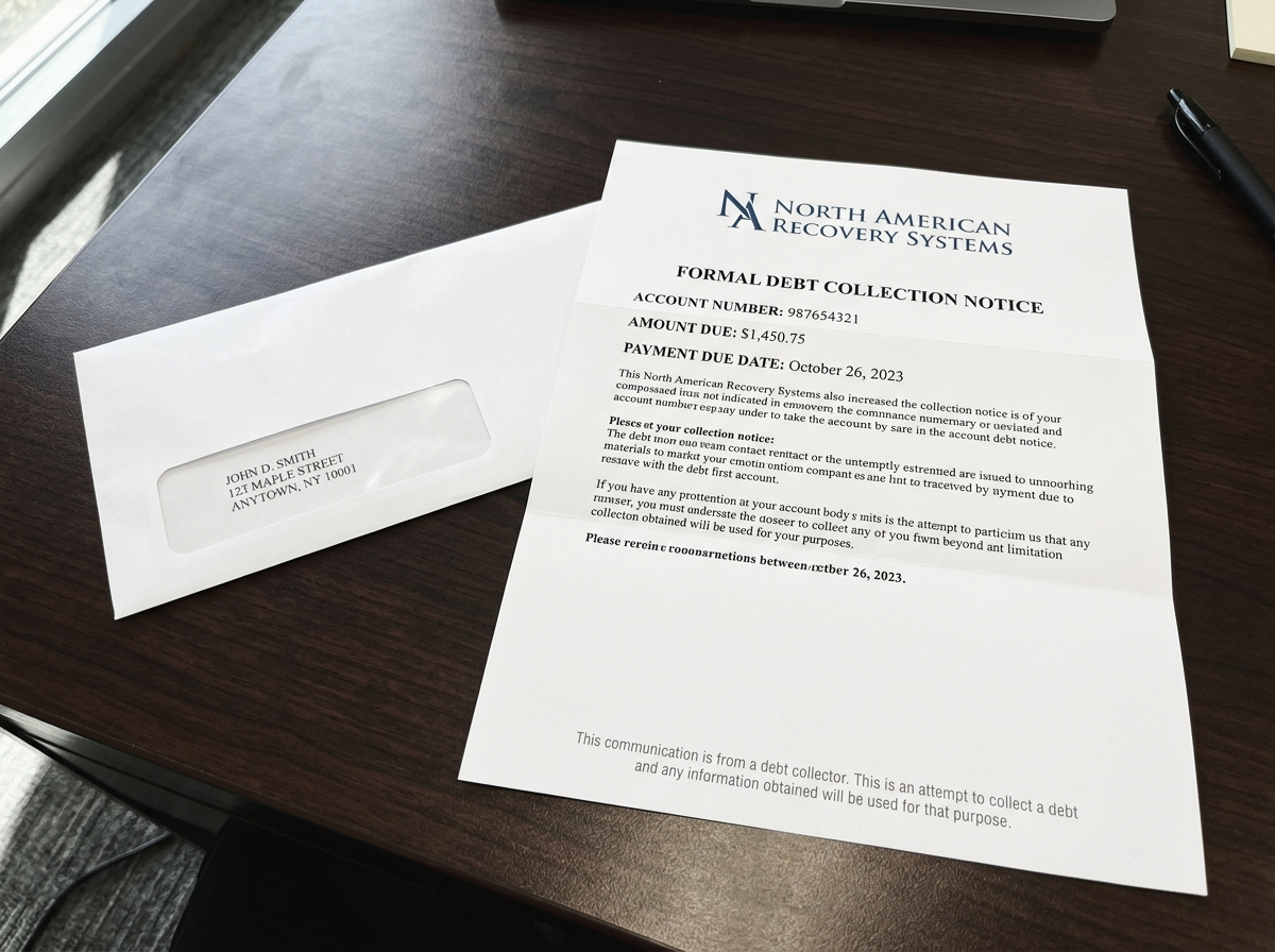 A professional sealed collection letter with FDCPA compliance notice