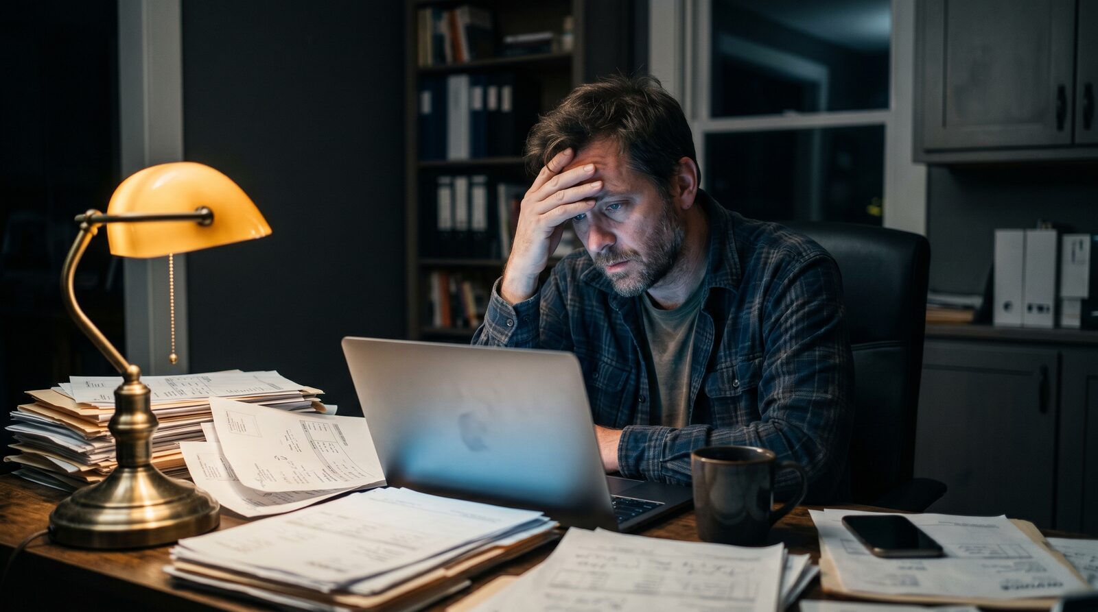A tired business owner at his desk late at night, surrounded by stacks of unpaid invoices