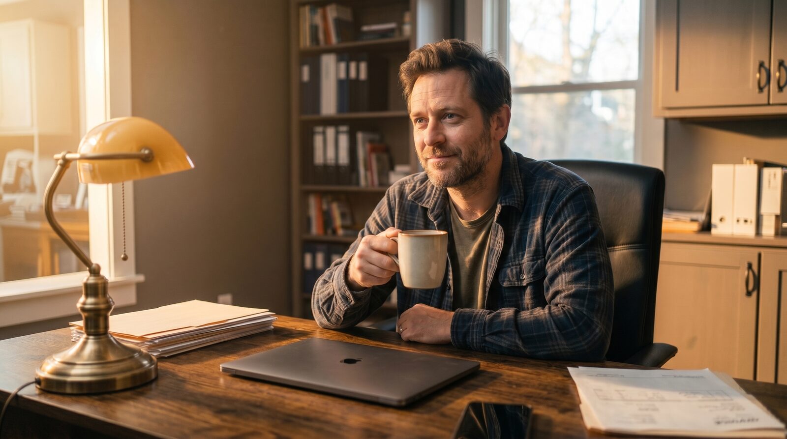 The same business owner relaxed at a clean desk in morning light, coffee in hand, the work handled